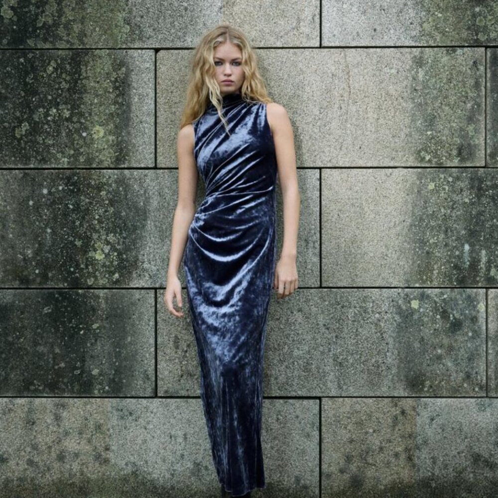 NWT Zara DRAPED VELVET MIDI DRESS